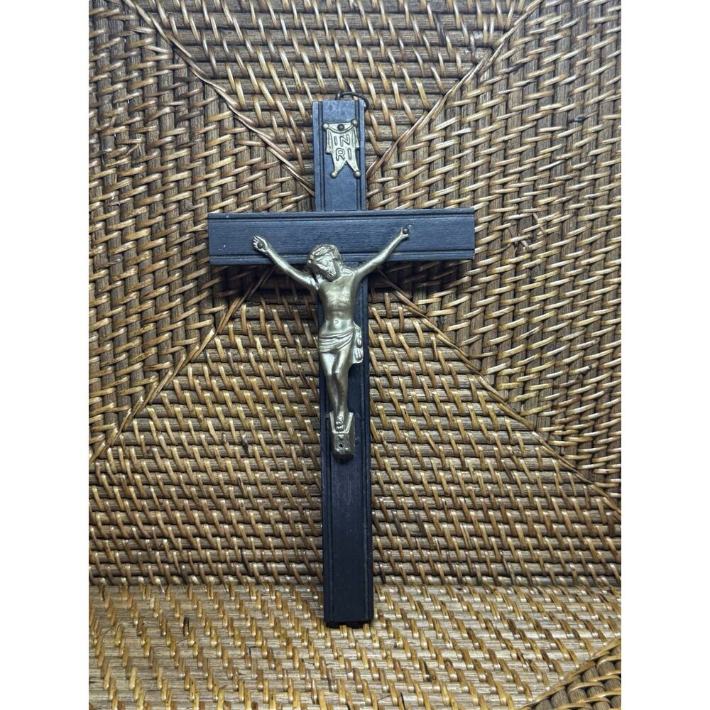 Vintage Wooden Metal Wall Cross Crucifix Holy Religious Carved Christ Black 8”